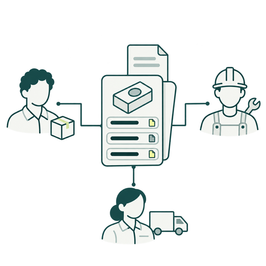 One item record with its sources, used by purchasing, maintenance and logistics