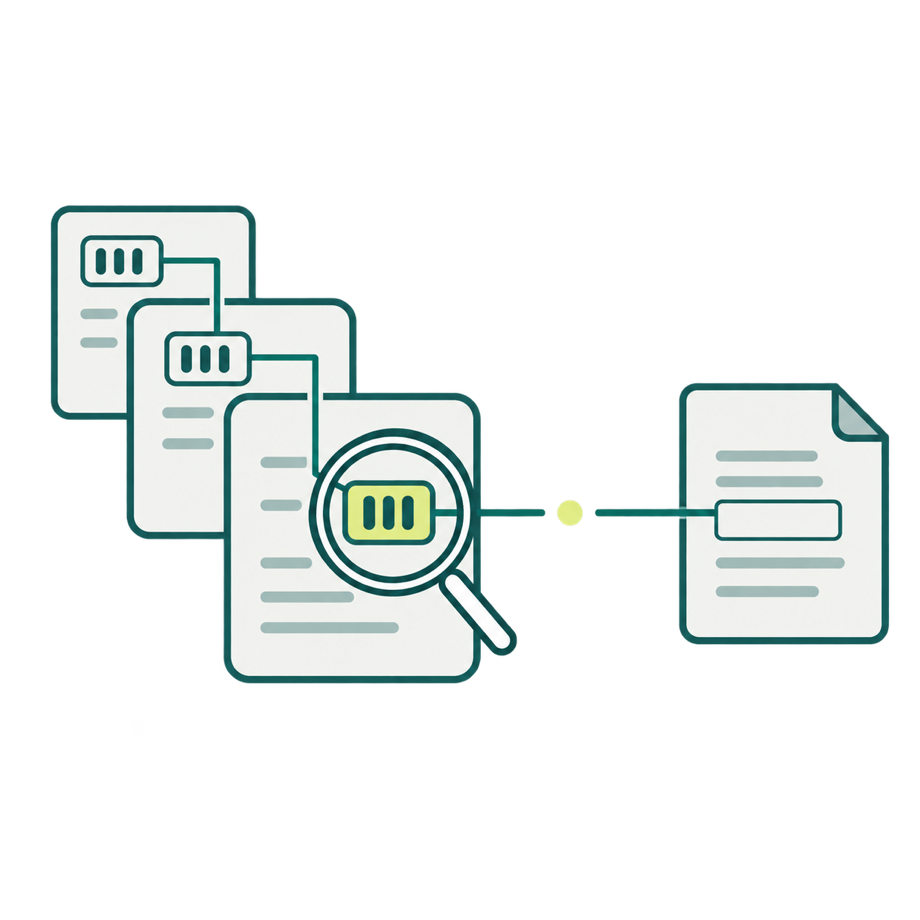 Item records whose codes are examined under a magnifying glass and linked to the document they rest on