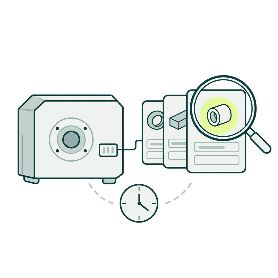 A machine linked to the cards of its spare parts, one part under a magnifying glass, and a clock for the time to find it