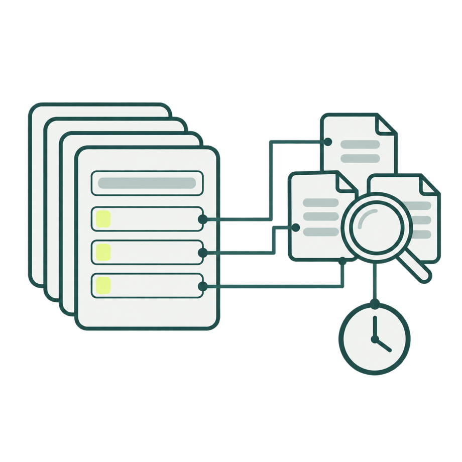 A stack of item records whose fields link to documents under a magnifying glass, with a clock for the time it saves